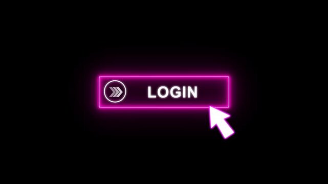 Log in button glowing neon animation with white Text and cursor click. Looping UI element on transparent background 4K.