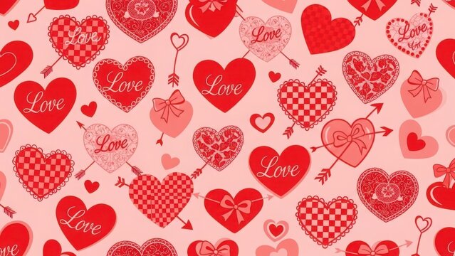 Red and pink hearts with love text and arrows seamless pattern valentine romance - Powered by Adobe