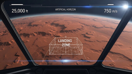Spaceship cockpit view approaching mars with landing zone hud display.