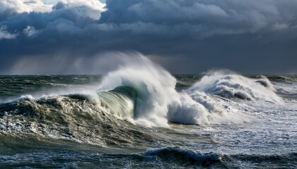 Obraz premium Dramatic Portrayal Of A Turbulent Sea With Towering Waves Amidst A Raging Storm Depicting The Raw Power And Intensity Of Nature In A Visually Stunning Composition