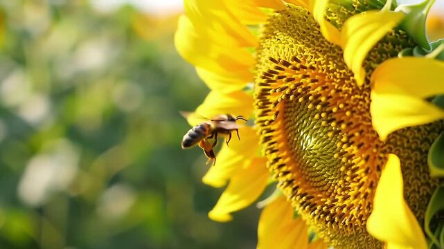 Dynamic sunflower scene with vibrant colors and a bee in mid-flight collecting pollen on a sunny day, adding buzz to your next project