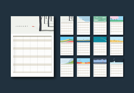Family Planner Calendar Template with Minimal Illustrations