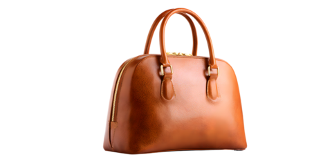 Elegant brown leather women's handbag with gold zipper and dual top handles isolated on white background