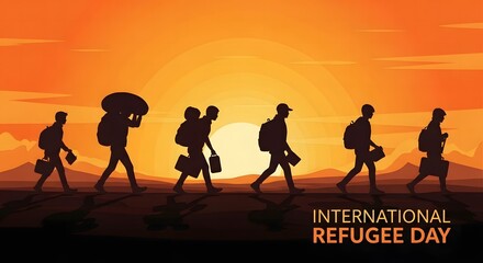 Silhouettes of refugees walking towards the sunset on international refugee day