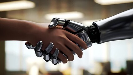 Futuristic handshake from a sleek black robot arm in a bright modern office setting ready to collaborate and innovate in the workspace of tomorrow
