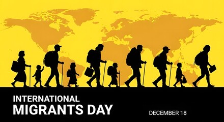Silhouettes of migrants walking across a world map background