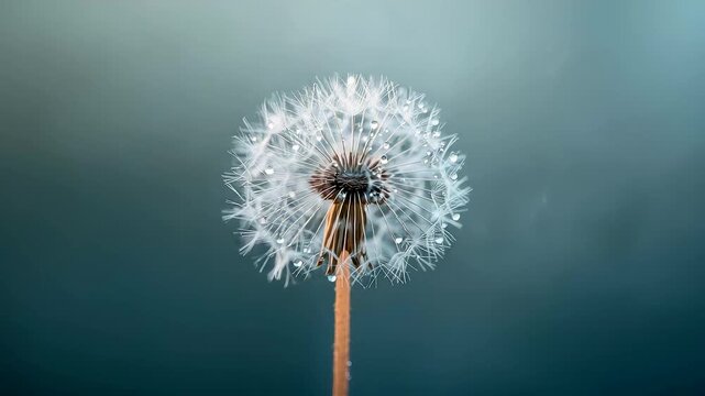 Delicate white dandelion seed head standing tall against a soft teal gradient sky, showcasing intricate natural details and serene minimal beauty