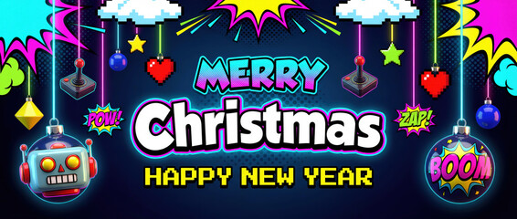 Pop Art Retro Gaming style Christmas and New Year greeting banner with retro arcade joysticks, pixelated hearts and stars, comic book speech bubbles