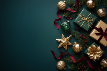 Christmas flat lay featuring gold and green wrapped gifts, ornaments, fir branches, red ribbons, pine cones, berries, and a golden star decoration on a dark green background
