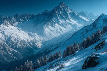 Obraz premium Snow-capped mountains under a blue sky, bright, crisp lighting. Generative AI