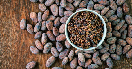 Cocoa nibs,Top view of cocoa nib and dried cocoa beans
