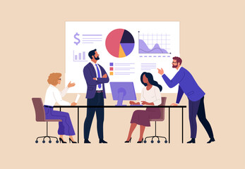 Financial Strategy Concept. Vector cartoon illustration of a business team discussing analytics and charts during a meeting, planning financial goals, reviewing data and developing strategic decisions © nadzeya26