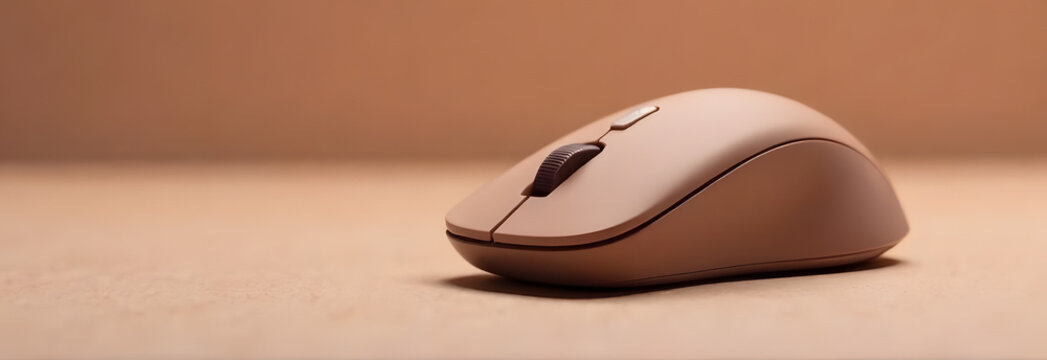 Side view of a modern wireless computer mouse in soft beige tones placed on a matching desk against a neutral background. Minimalist workspace concept with plenty of copy space, suitable for