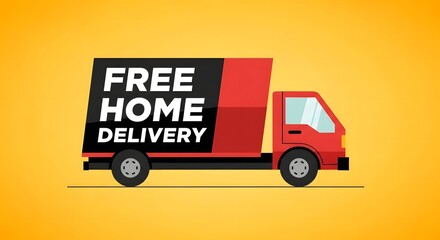 Red delivery truck with free home delivery advertisement on yellow background