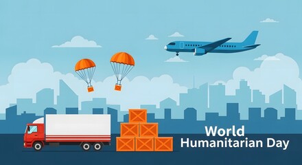 World humanitarian day illustration showing aid delivery by plane and truck