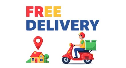 Free delivery service with scooter and location pin