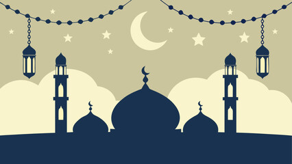 Silhouette of mosque with moon and stars design art