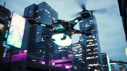 Futuristic drone delivery soaring through a cyberpunk city at night, offering innovative logistical solutions and advanced technology - Powered by Adobe