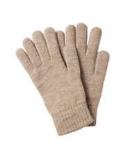 A pair of beige knitted winter gloves isolated on transparent background
