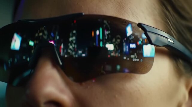 Futuristic cityscape reflecting in stylish glasses, a glimpse into augmented reality and innovative technologies for modern lifestyle concepts