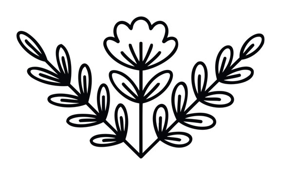 Elegant black and white floral motif with leaves and a central bloom, perfect for decorative accents, invitations, and organic branding projects.