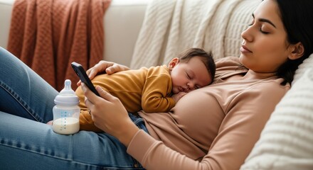 Newborn baby sleeping peacefully on mother's chest while she checks her smartphone.