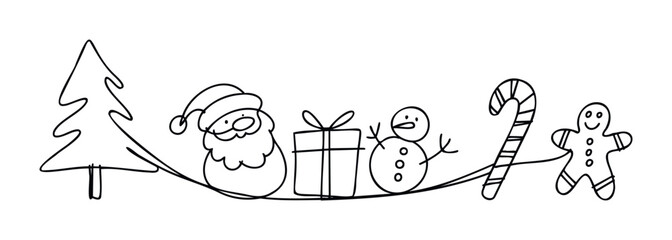 Festive Christmas line drawing featuring a tree, Santa Claus, gift, snowman, candy cane, and gingerbread man, perfect for holiday greetings and seasonal promotions.