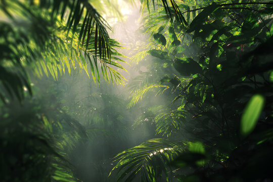 Lush green jungle canopy with sunlight filtering through mist and dense foliage creating a serene scene