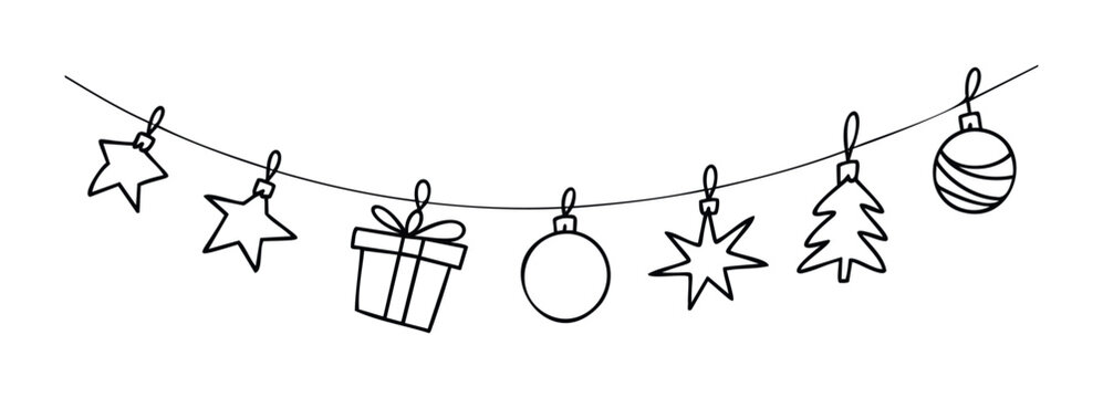 Festive garland of hand drawn Christmas ornaments including stars gifts and baubles strung on a wire for holiday decoration conveying a joyful winter celebration mood