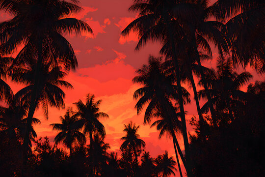 Silhouette of palm trees against a vibrant orange and red sunset sky with scattered clouds