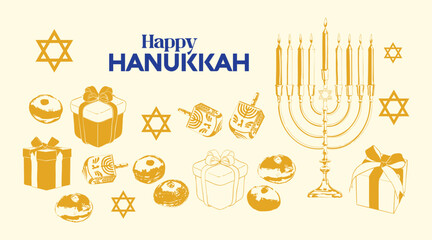 Golden Hanukkah Banner Illustration with Menorah and Dreidels