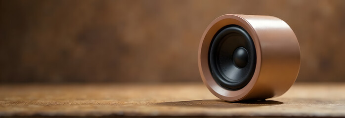 Minimalist photo of a small round copper-colored speaker standing on a wooden surface against a warm brown background. Contemporary audio device with plenty of negative space on the left, perfect for