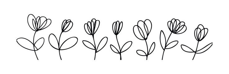 Simple line drawings of blooming flowers on stems with leaves, perfect for natural themes and springtime celebrations, adding a touch of botanical elegance to various projects.