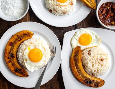 Delicious Filipino Breakfast: Silog with Fried Egg and Plantain on Wooden Table