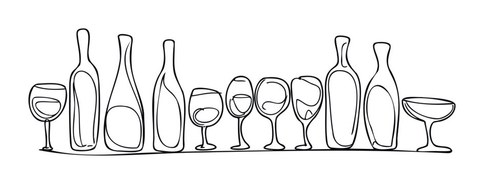 Collection of wine bottles and glasses in minimalist line art style for beverage and celebration related projects