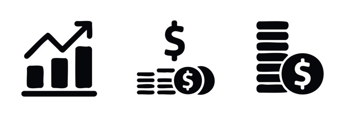 Financial icons depicting growth chart, falling coins, and stacked coins for business, investment, and finance concepts, suitable for digital presentations and financial reporting.