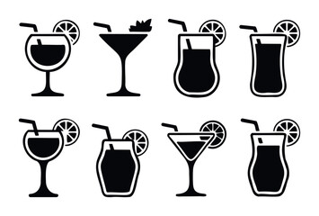 Collection of silhouette icons featuring various cocktail glasses with straws and citrus garnishes, perfect for menus, drink guides, and summer promotions