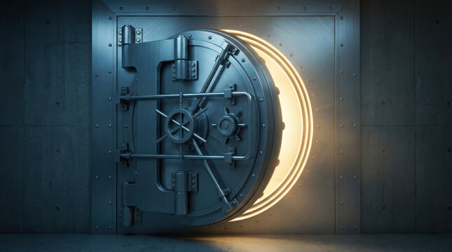 Massive vault door secures secrets, ideal for finance, security, or mystery concepts. Strong, industrial design evokes safety and impenetrable protection.