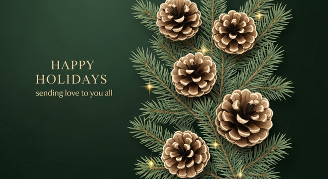 Happy Holidays greeting card vector with festive pinecones and evergreen branches. Winter holidays illustration featuring pine cones and "sending love to you all" text. Christmas holiday Background.