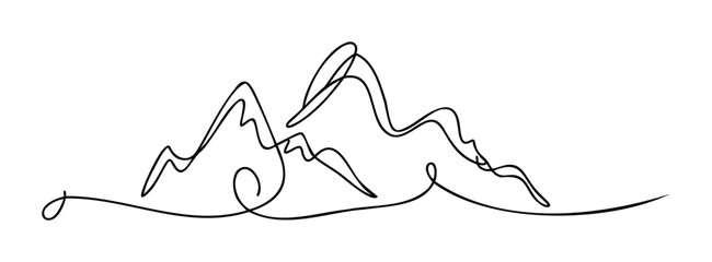 Minimalist single line drawing of rugged mountain peaks and rolling hills symbolizing adventure and nature exploration for travel blogs and outdoor brands