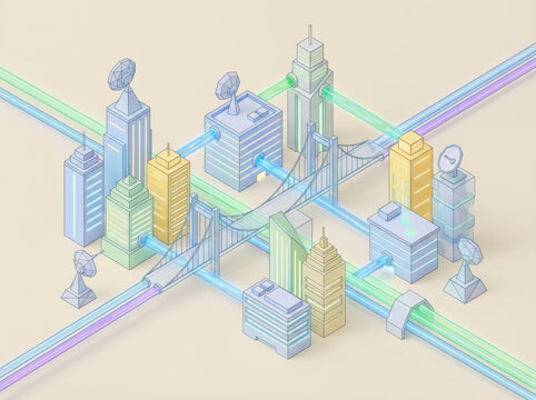Futuristic city network connecting buildings with vibrant data streams, symbolizing innovation, technology and interconnectedness for modern business solutions