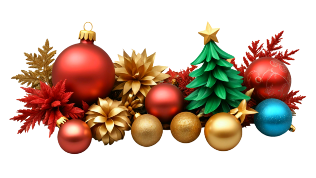 Christmas decorations arranged on a white surface with a snowy appearance.