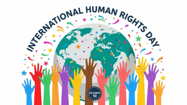 Celebrate International Human Rights Day December 10th with diverse hands raised in unity, perfect for social campaigns and global awareness initiatives.