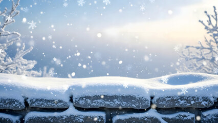 Winter scene of falling snow on a stone wall