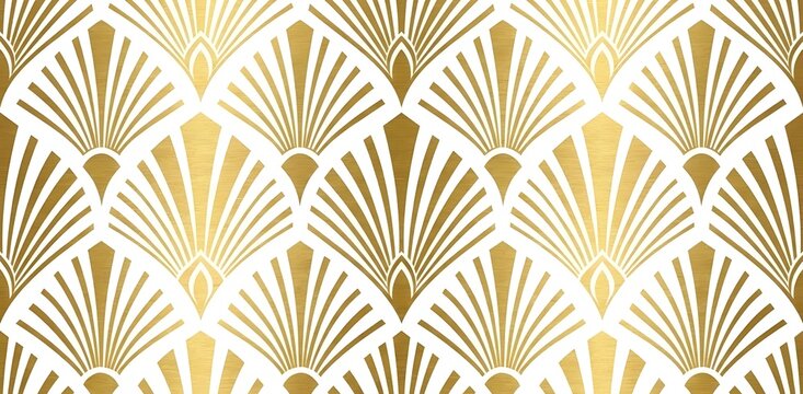 Seamless Art Deco pattern background with gold geometric fans on white. Luxury 1920s style texture.
