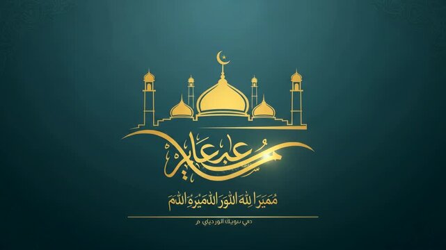 Golden Eid Mubarak Calligraphy with Mosque Animation and Shooting Star