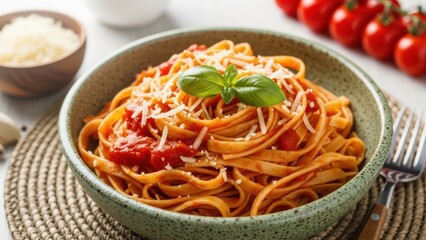Delicious italian pasta with rich tomato sauce, cheese, and basil