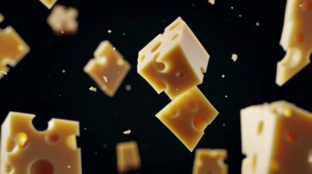Realistic pieces of Swiss cheese floating against a dark background. Dynamic composition, depth, crumbs, and texture make this delicious food image