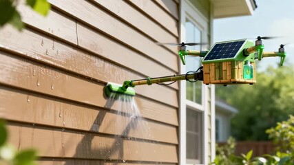 Ecofriendly drone equipped with green technology gently washing siding with biodegradable solutions highlighting sustainable cleaning methods. - Powered by Adobe