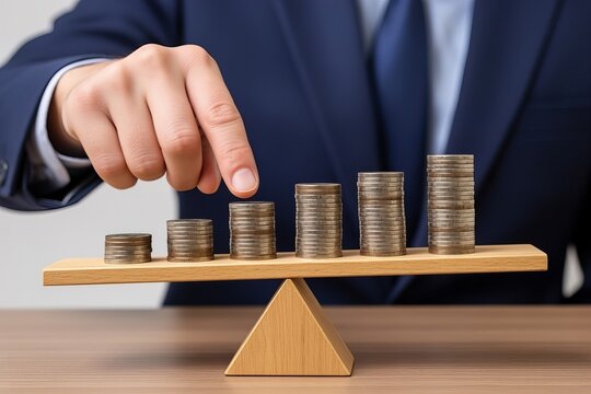 A businessperson balancing stacked coins on a seesaw up close
